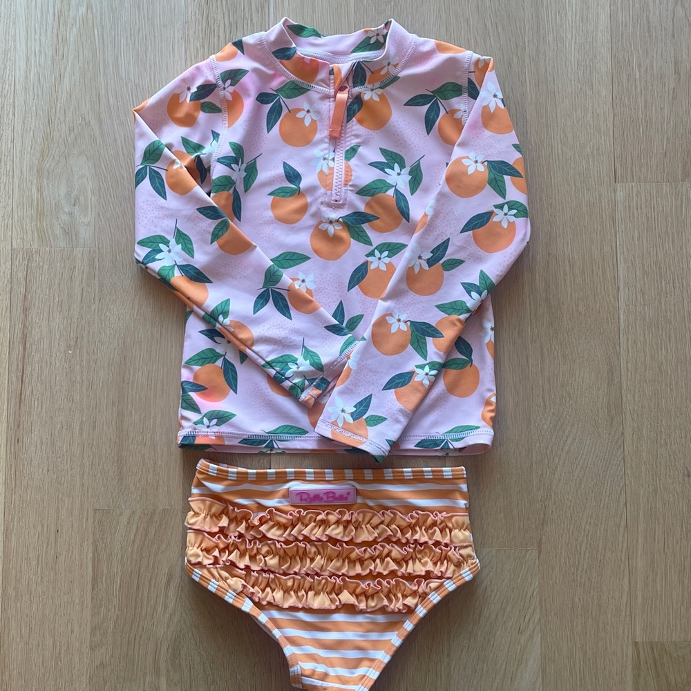 Ruffle Butts Orange and Pink Kids Swim Rashguard Set